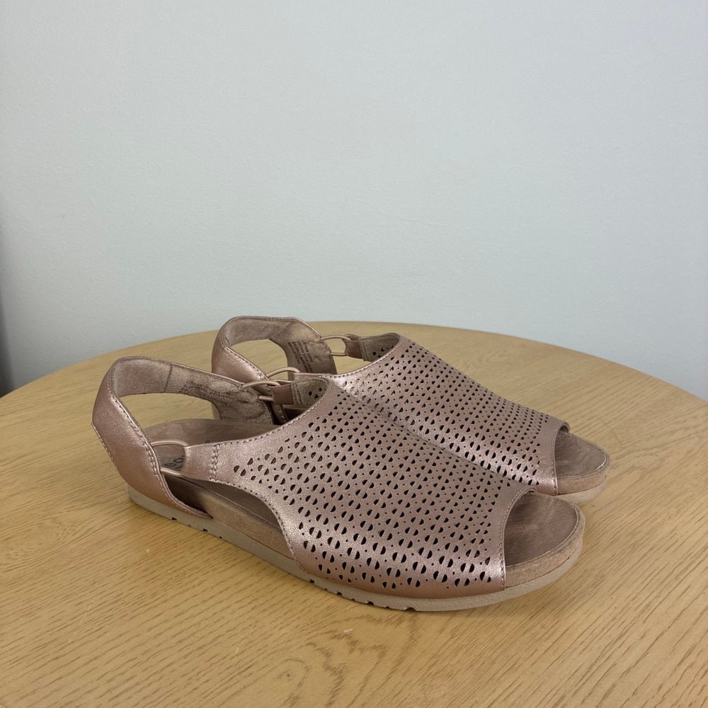 Earth Blush Metallic Leather Laser Cut Slingback Flat Sandals Women's 8 Comfort
